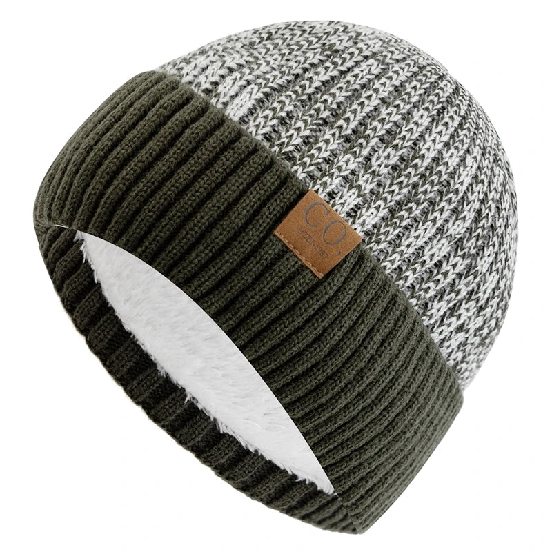 Unisex Zweifarbige Winter Beanie Mütze mit Pelzfutter für Wärme