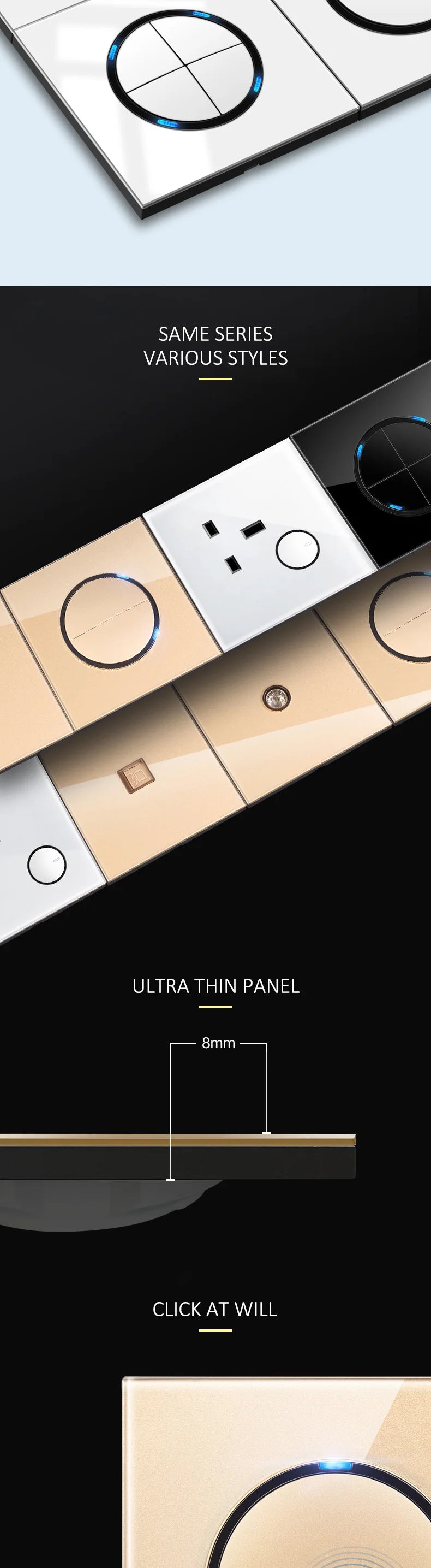 YINKA Lichtschalter mit goldener Glasscheibe für Zuhause EU Standard