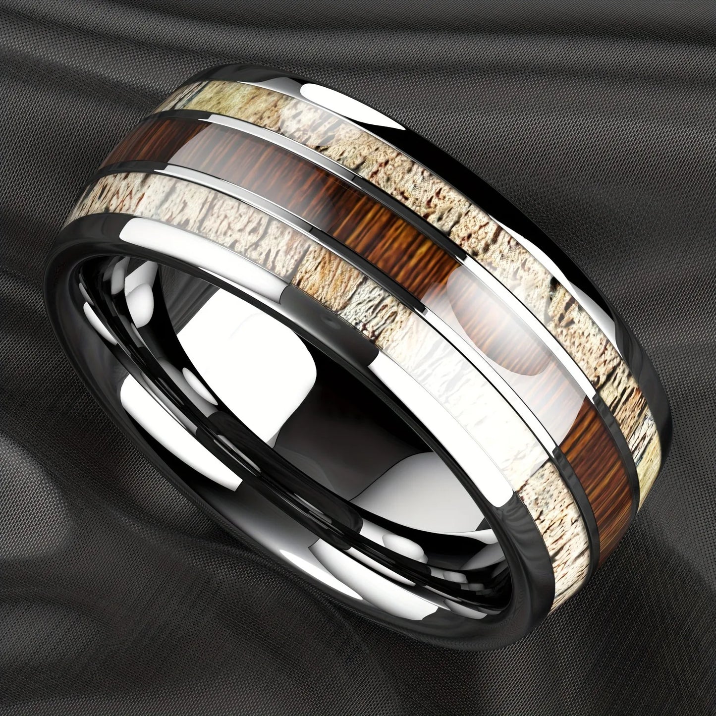 Elegante Herren Edelstahlring 8mm mit Bernstein Inlay