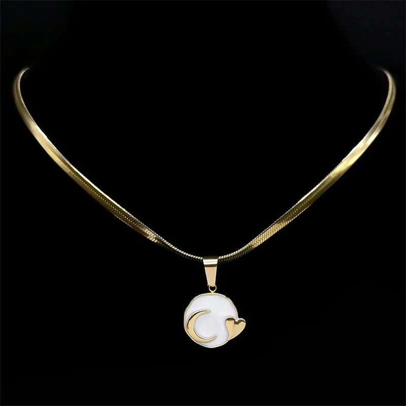 Mond Herz Emaille Lava Anhänger Halskette für Frauen Gold Edelstahl