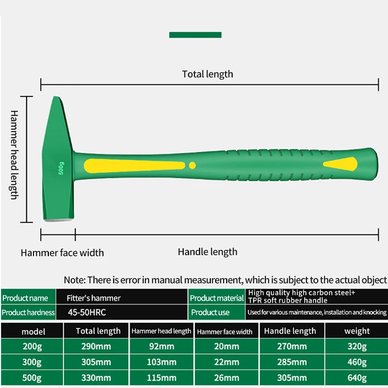 Stoßfester Flachkopfhammer mit Gummigriff 200/300g für Handwerk