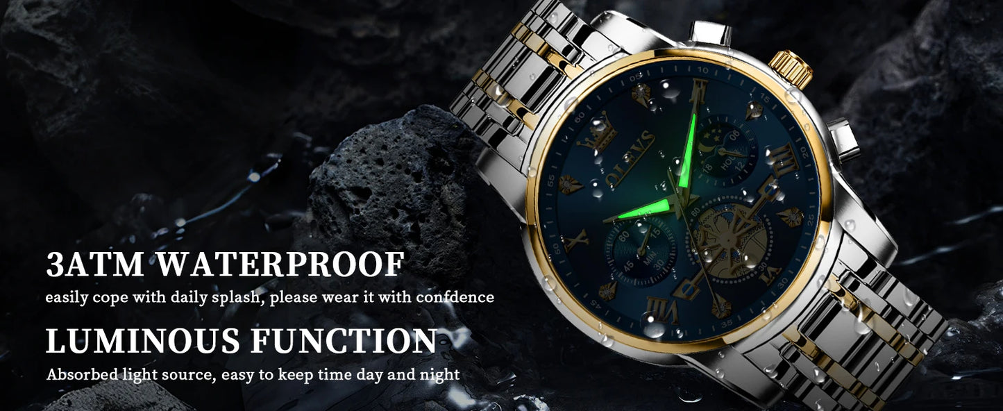 Klassische Herrenuhr mit Mondphase und Wasserdichtigkeit 3BAR