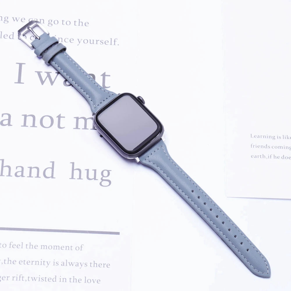 Schlankes Leder Armband für Smartwatch 38-49mm Damen Optik Metallverschluss