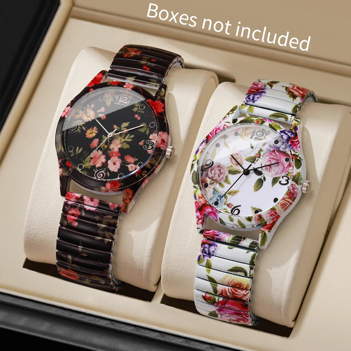 Damen Quarz Armbanduhren Set mit Blütenmotiv und Gummiband