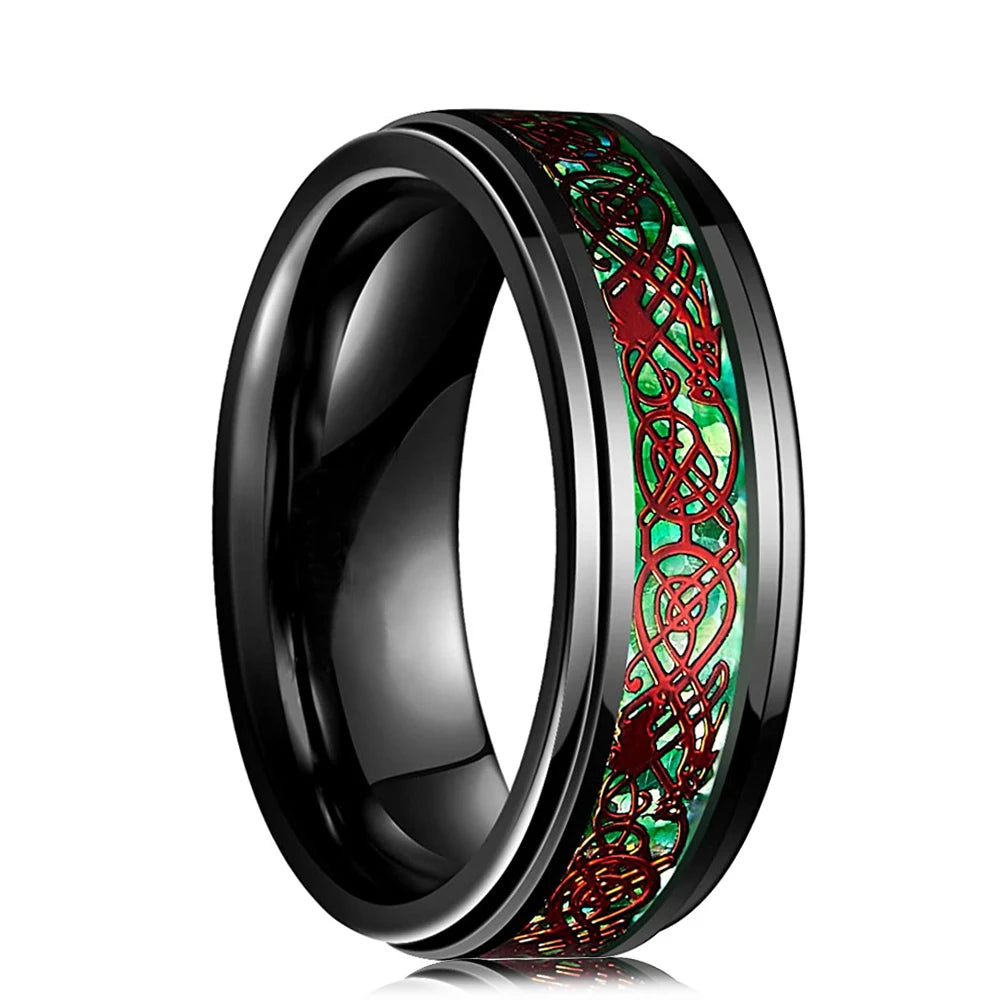 Eleganter Edelstahlring mit keltischem Drachen und Carbon Inlay