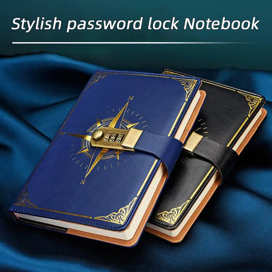 A5 Retro Passwort Notizbuch mit Schloss – PU Leder Kompass Design Tagebuch