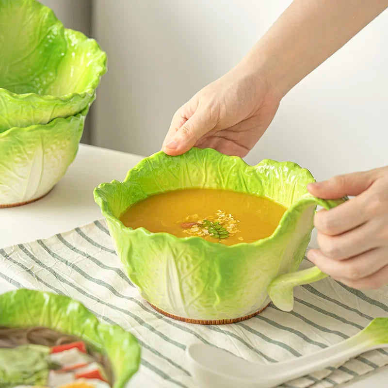 Große Keramikschüssel in kreativer Kohlblatt-Form – stilvoll & vielseitig für Suppe, Salat & Obst