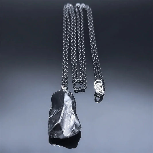 Schwarzer Obsidian Naturstein Halskette Boho Edelstahl Kastenkette 70cm