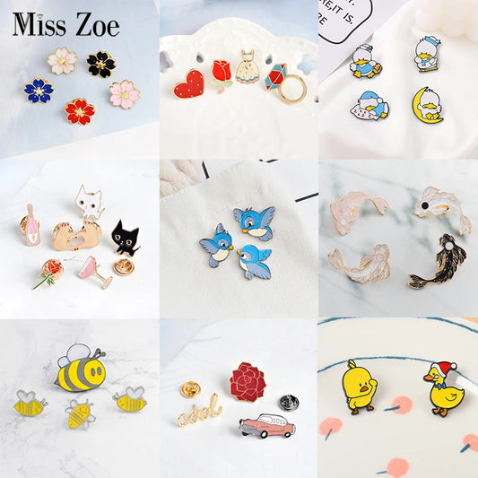 Niedliches 3-6-tlg. Broschen-Set mit Katze, Rose, Vogel - Sakura – Perfekt für Kinder - Mädchen