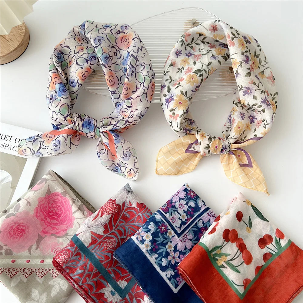 Baumwolle Leinen Quadrat Schal 55 cm Blumenmuster für Damen Frühling Sommer