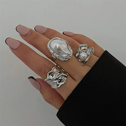 3er Set Goldfarbene Klobige Ringe mit Perlen für Damen Vintage Stil