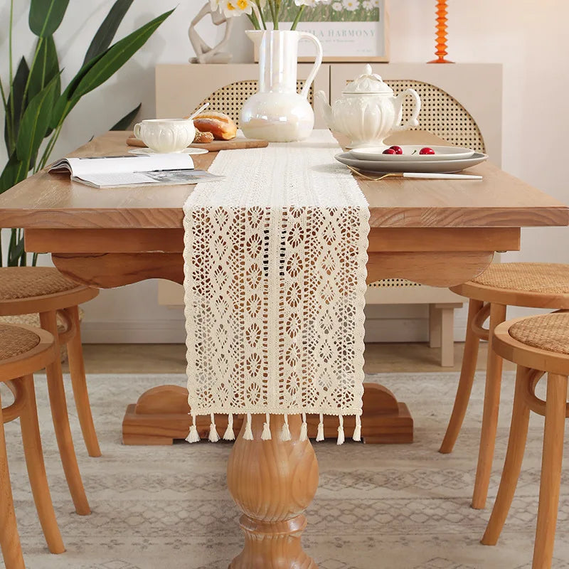 Vintage Beige Tischläufer Häkelspitze Quaste für Couchtisch Hochzeitsdeko