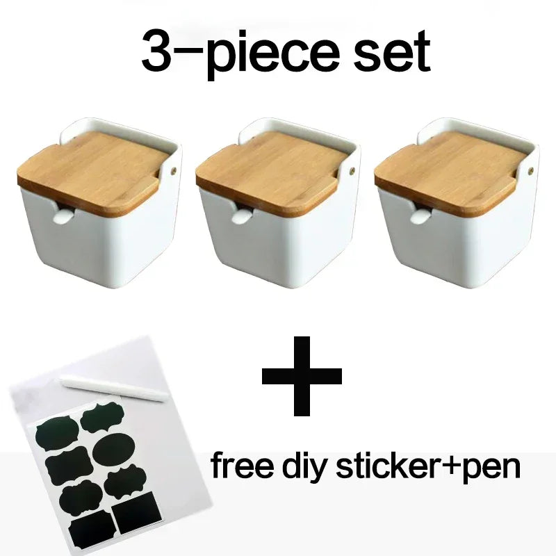 Keramik Gewürzregal mit Bambus Tablett und Holzdeckel Vorratsbehälter Set