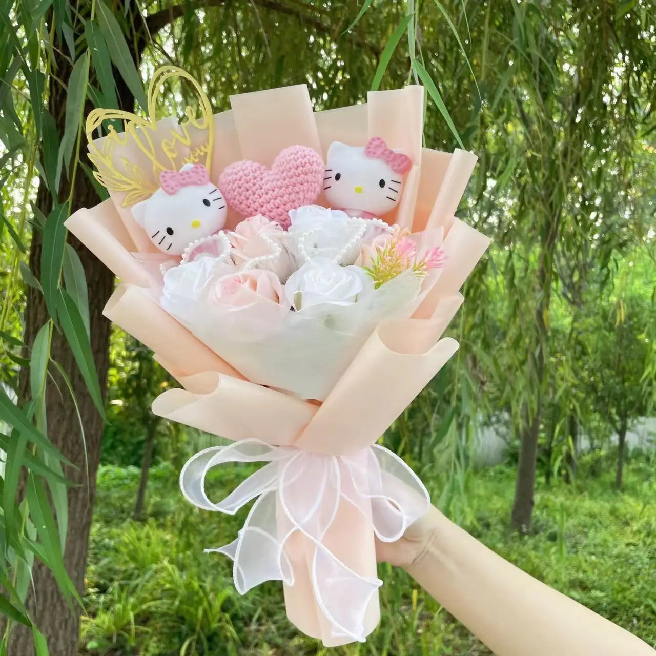 Kawaii Katzenpuppen mit künstlichen Blumen, kreativer Blumenstrauß 30-35cm-Yabubest - Home & More