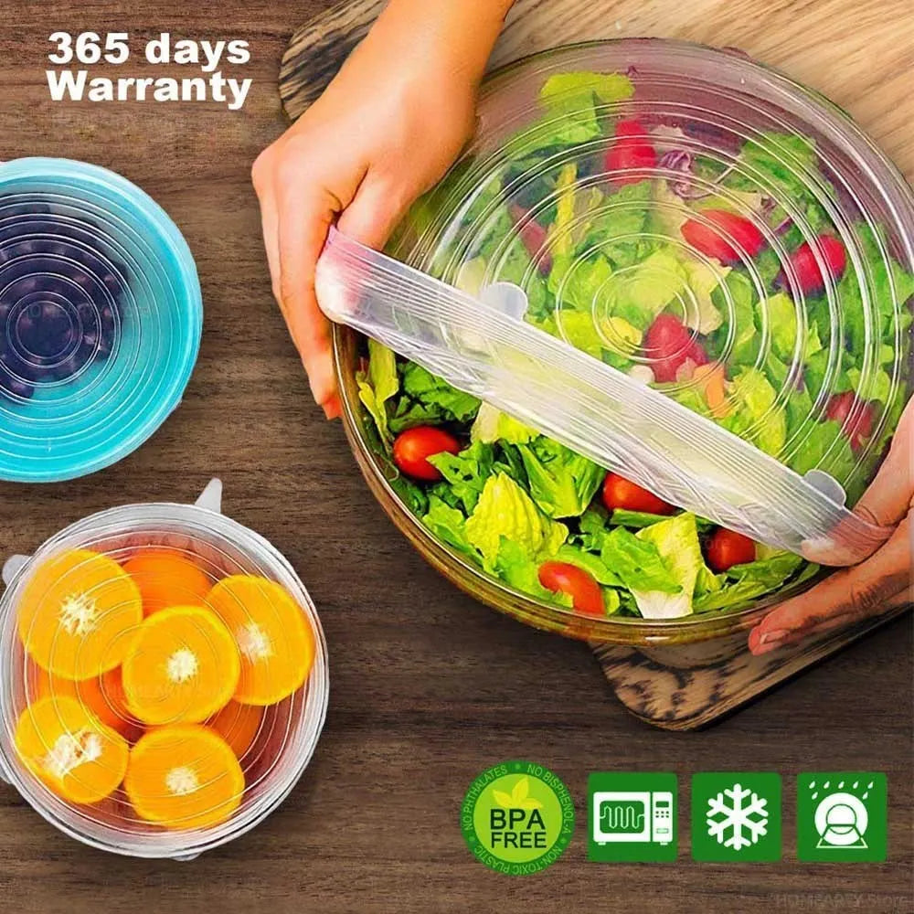 6-teilige Silikonhülle mit Stretchdeckel elastisch für Schüsseln Mikrowelle