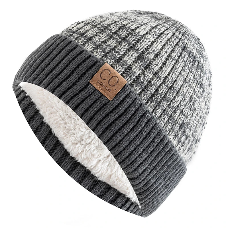 Unisex Zweifarbige Winter Beanie Mütze mit Pelzfutter für Wärme