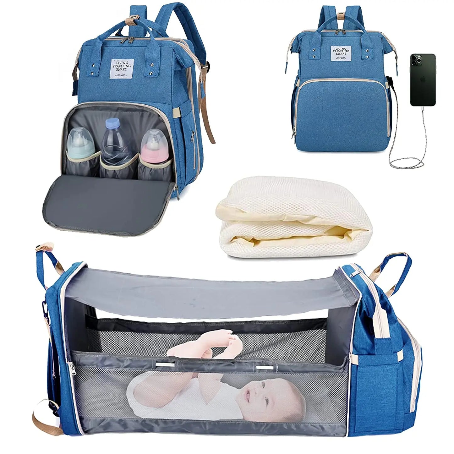 Vielseitige 3in1 Wickeltasche mit USB Ladefunktion und Babybett