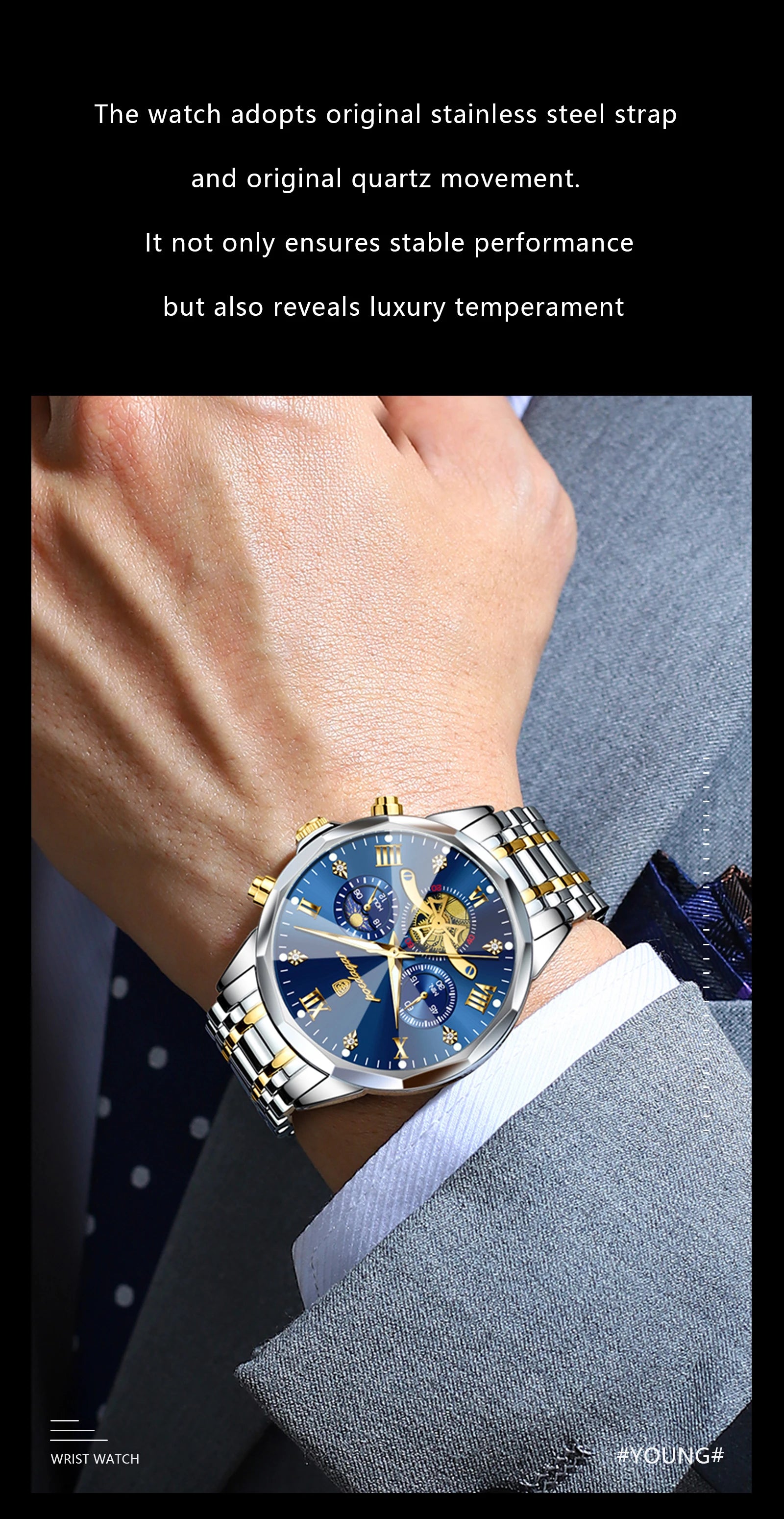 Wasserdichte Luxusuhr mit Chronograph und Edelstahlarmband Herren-Yabubestshop