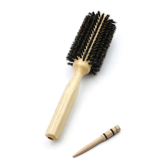 Runde Haarbürste mit Holzgriff und Wildschweinborsten für professionelles Styling