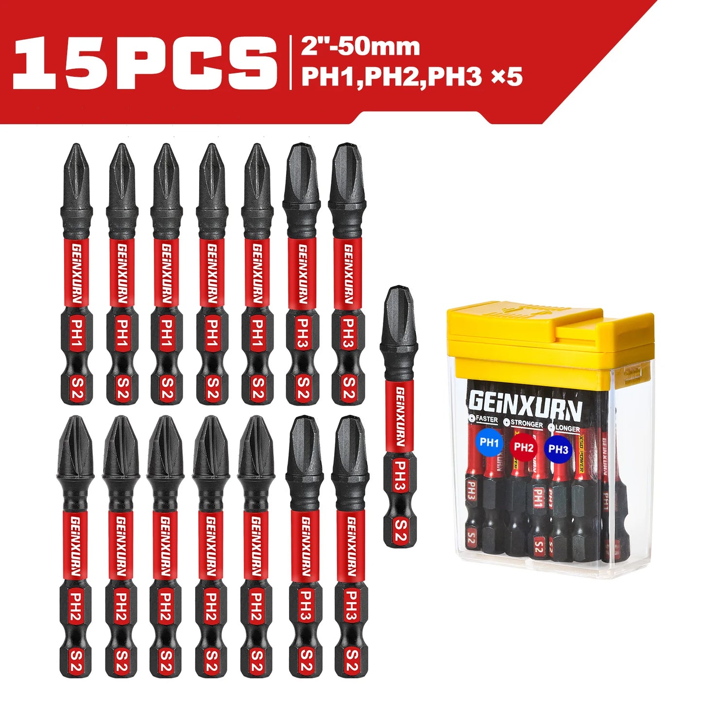 15tlg. S2-Stahl Schlag-Kreuzschlitz-Schraubendreher Bits Set 2 Zoll magnetisch Box