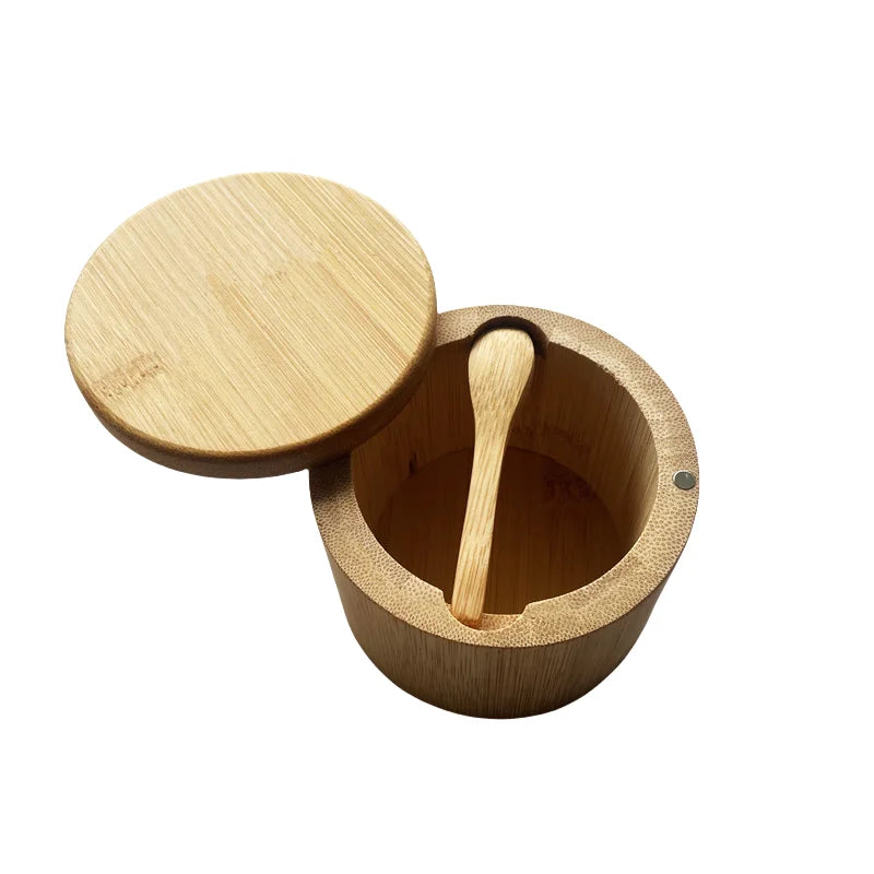 Bambus Salzkeller mit Mini-Löffel Drehverschluss Gewürzbehälter rund