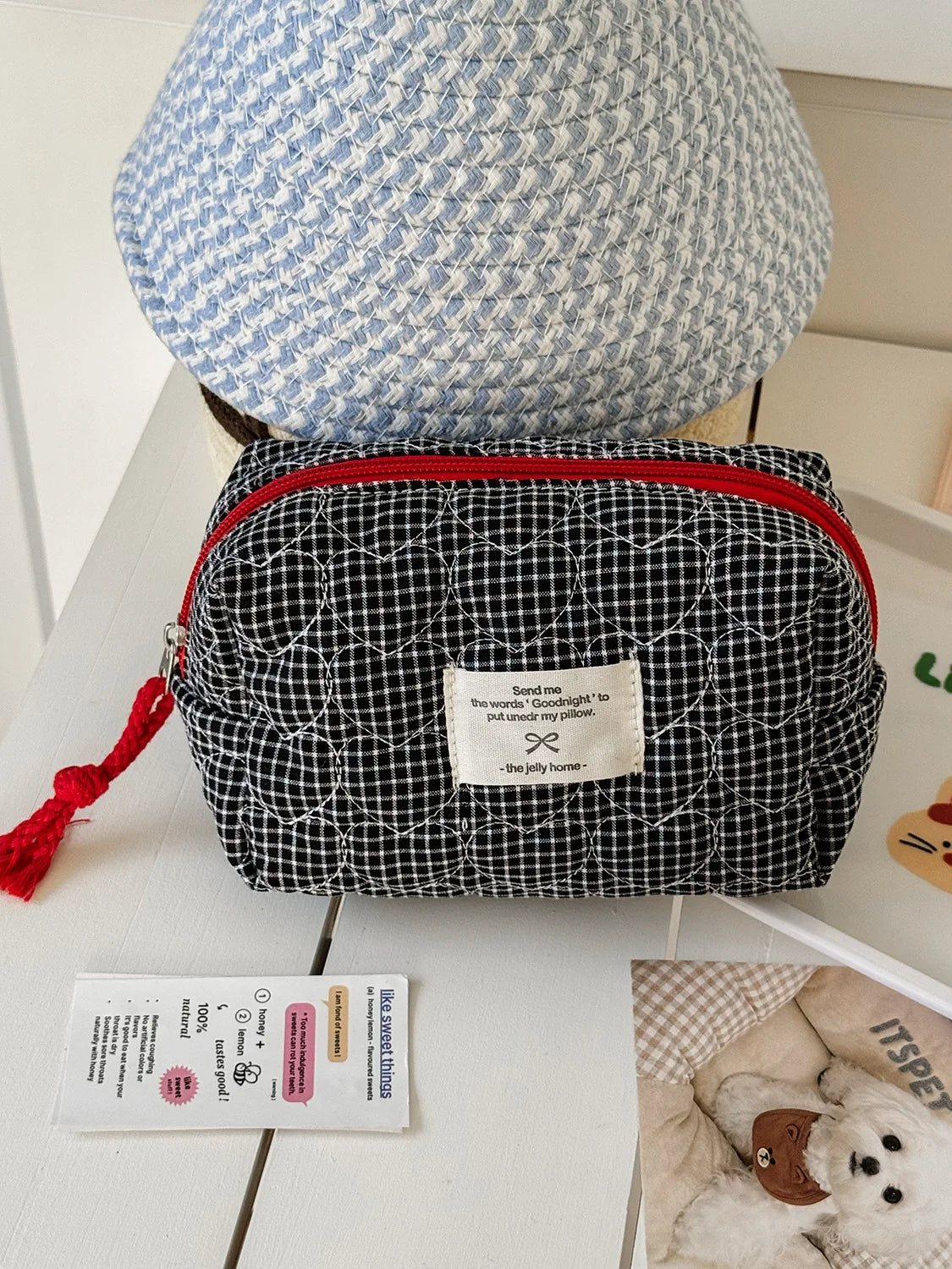 Gesteppte herzförmige karierte Damen Kosmetiktasche große Kapazität