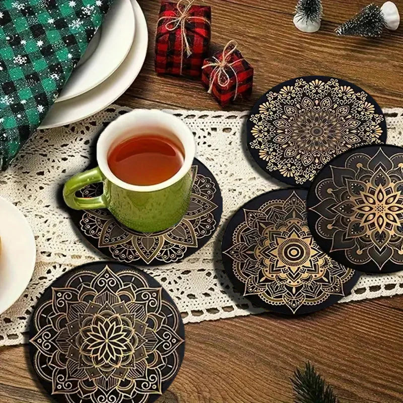 8er Set Holzuntersetzer mit Mandala Muster – Rutschfest und Dekorativ