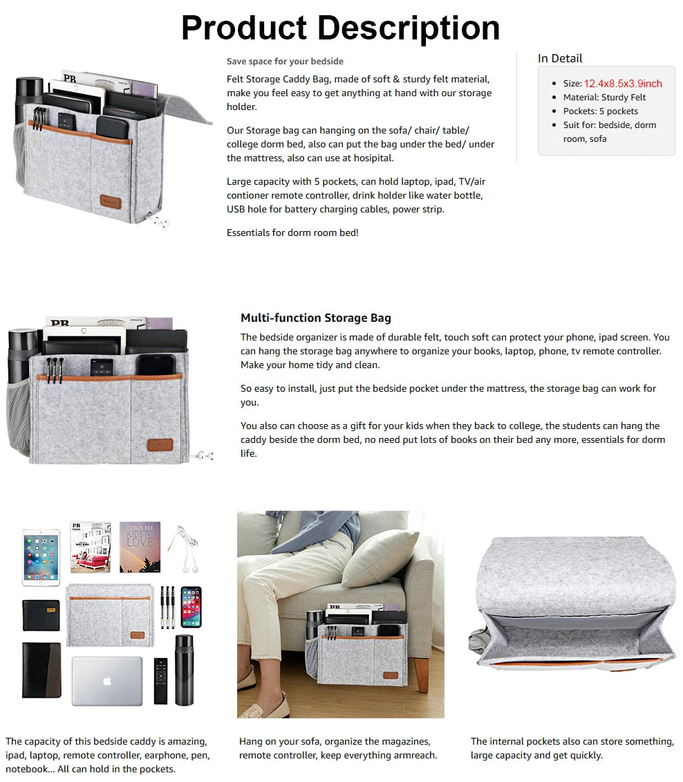 Praktischer Filz-Bett-Aufbewahrungsorganisator mit 5 Taschen