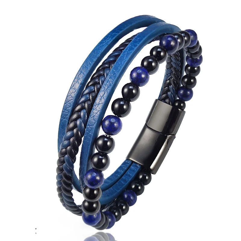 Punk Herren Perlen Armband mit Blauem Lapis Lazuli Multilayer Leder