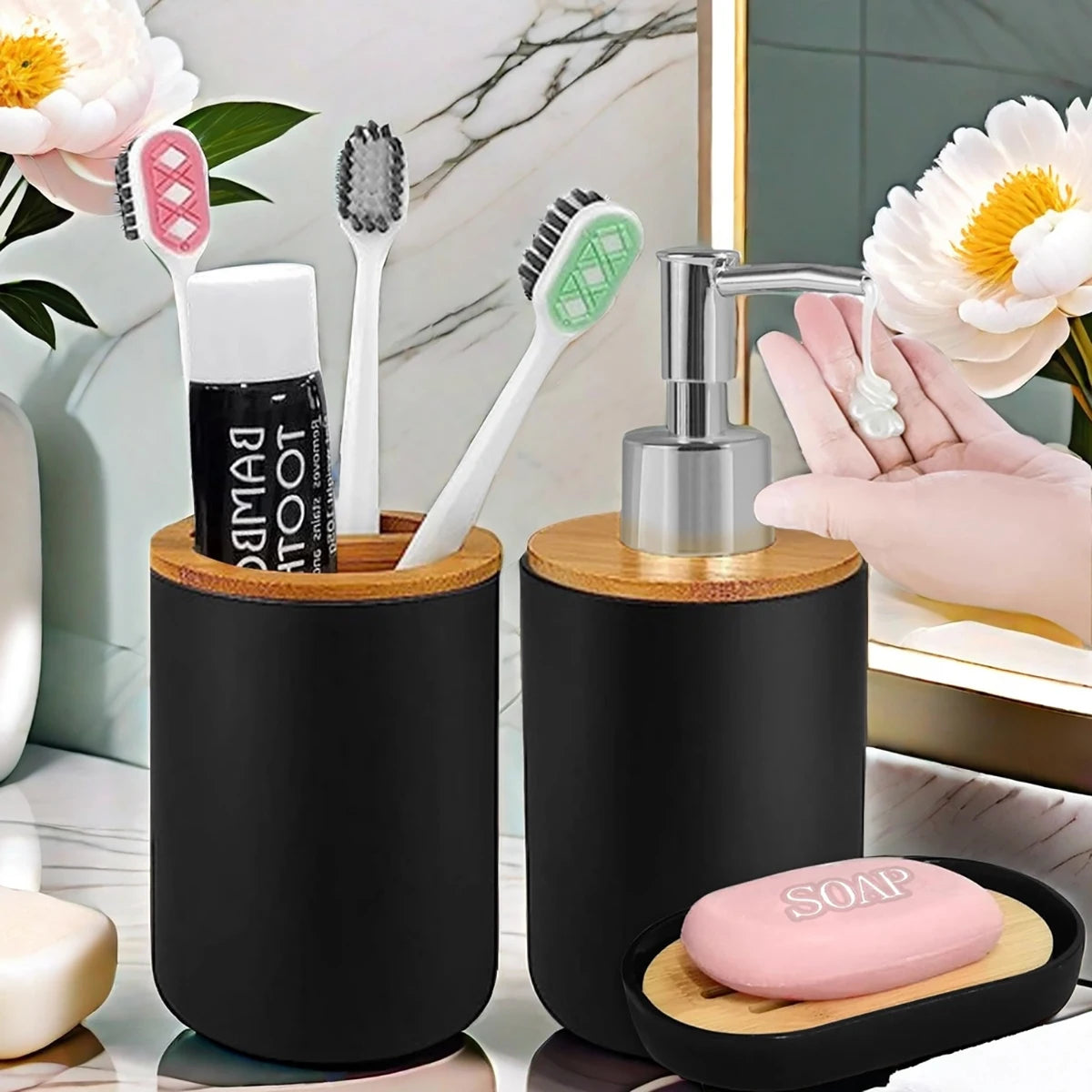 Badezimmer Set Seifenspender Zahnbuerstenhalter Seifenschale Kunststoff