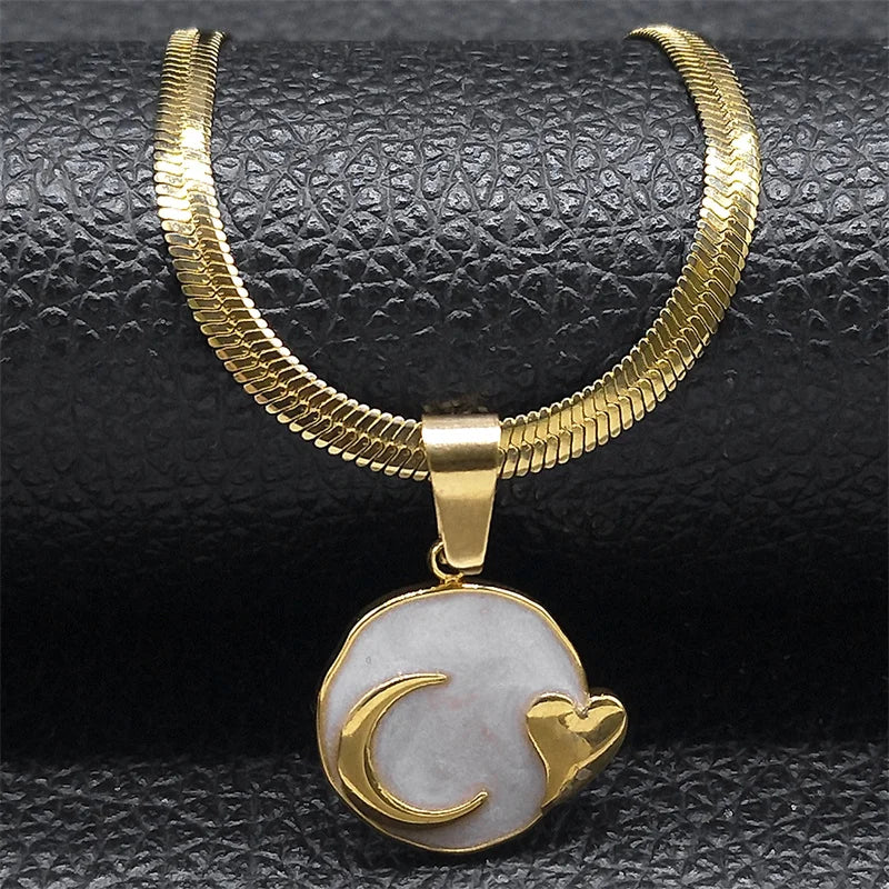 Mond Herz Emaille Lava Anhänger Halskette für Frauen Gold Edelstahl