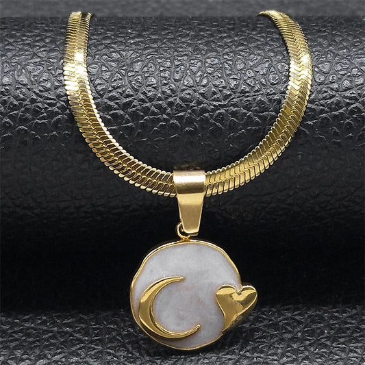Mond Herz Emaille Lava Anhänger Halskette für Frauen Gold Edelstahl