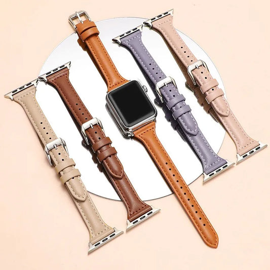 Schlankes Leder Armband für Smartwatch 38-49mm Damen Optik Metallverschluss