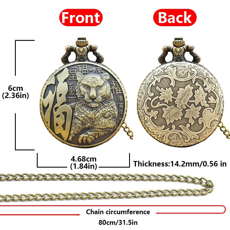 Vintage Taschenuhr Bronze Tiger Design - Geschnitzte Quarz-Halskette - Unisex Schmuckgeschenk