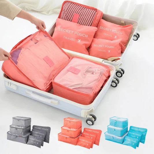 6-teiliges Reise-Set mit wasserdichten Oxford-Taschen in Rosa, Blau - Grau