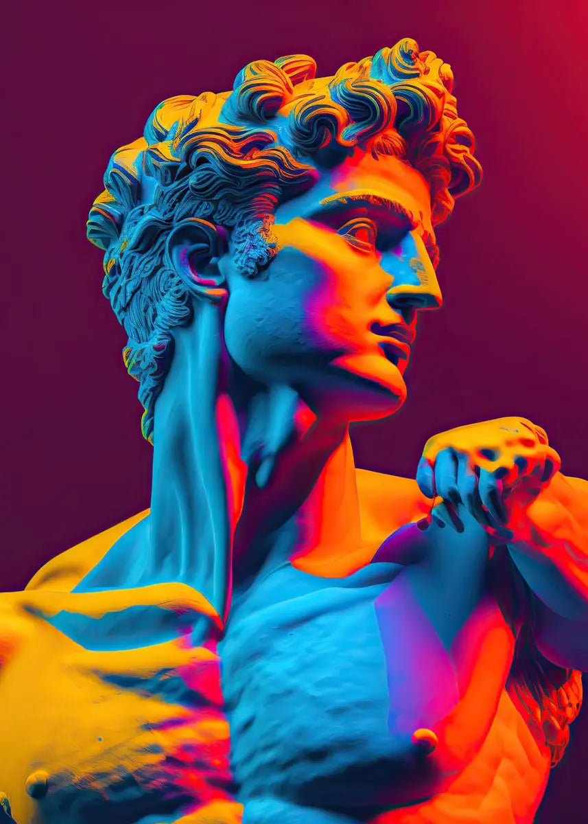 Bunte abstrakte Leinwanddrucke mit antiker griechischer David-Skulptur