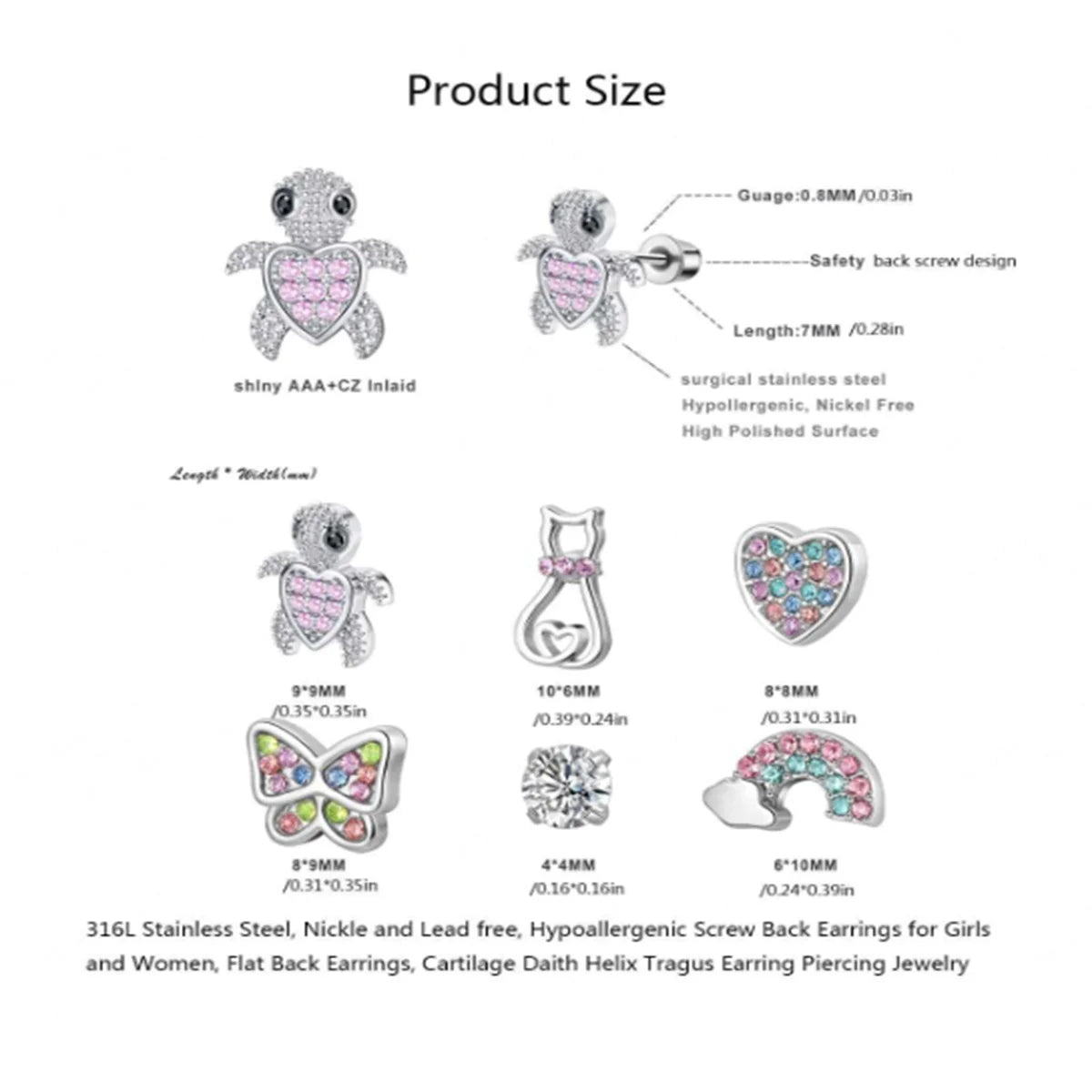 316L Edelstahl Ohrstecker mit Zirkonia Schmetterling Herz Katze Blume