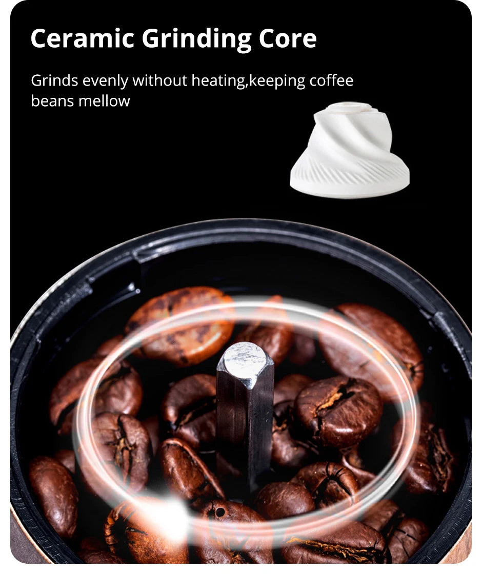 Tragbare Handkaffeemühle aus Edelstahl mit Holzmaserung