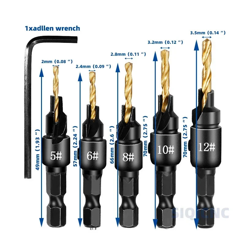 Präzises 5-teiliges Holzbohrer-Set mit Senkkopf - Sechskantgriff für Profis