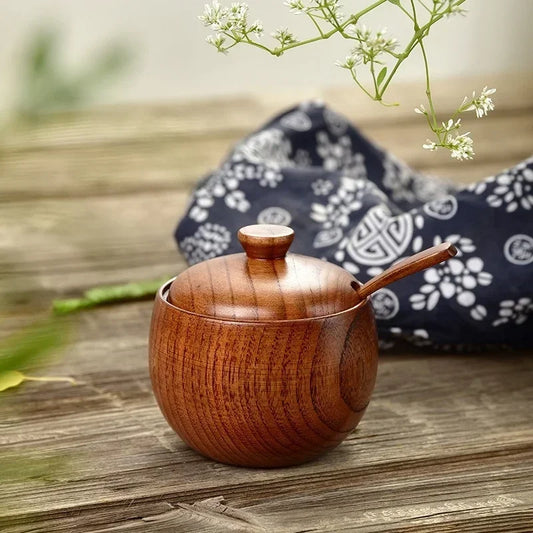 Natürlicher Holz-Salzstreuer mit Vintage Gewürzglas, Deckel - Holzlöffel