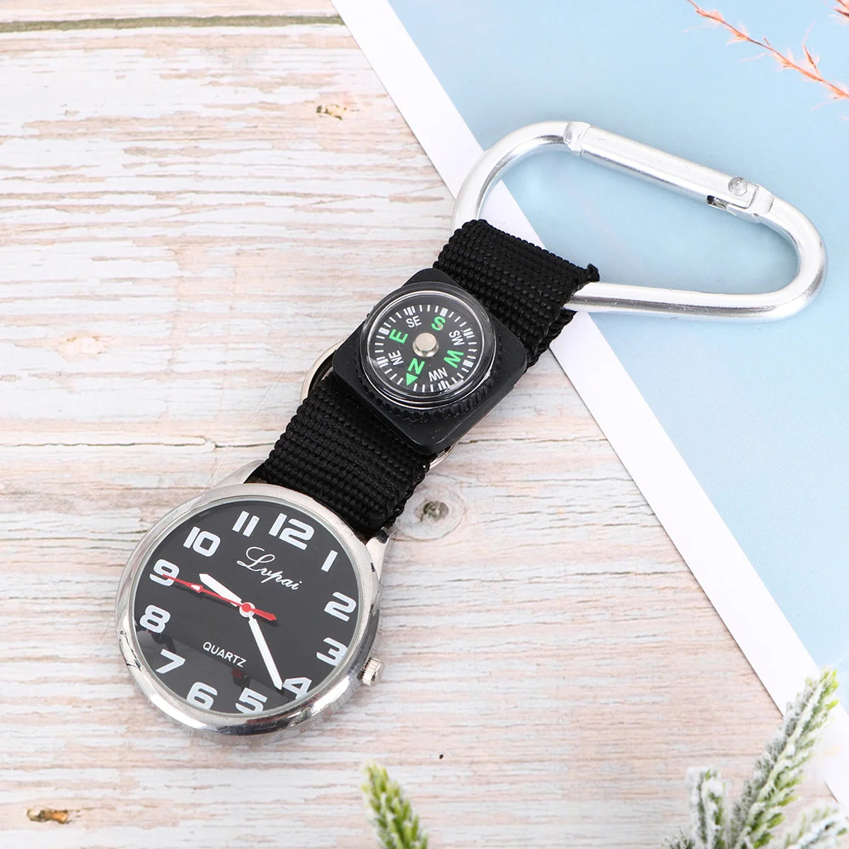 Robuste Karabiner Kompass Uhr mit Leuchtzeigern – Weiß, Clip-On für Outdoor - Pflege
