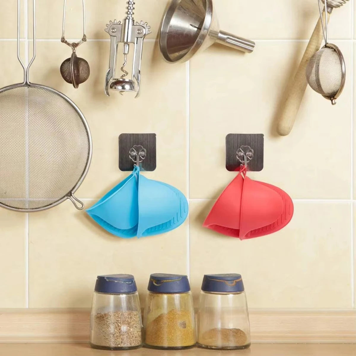 2er Set dicke Silikon Ofenhandschuhe mit Anti-Rutsch Topfclips Küche