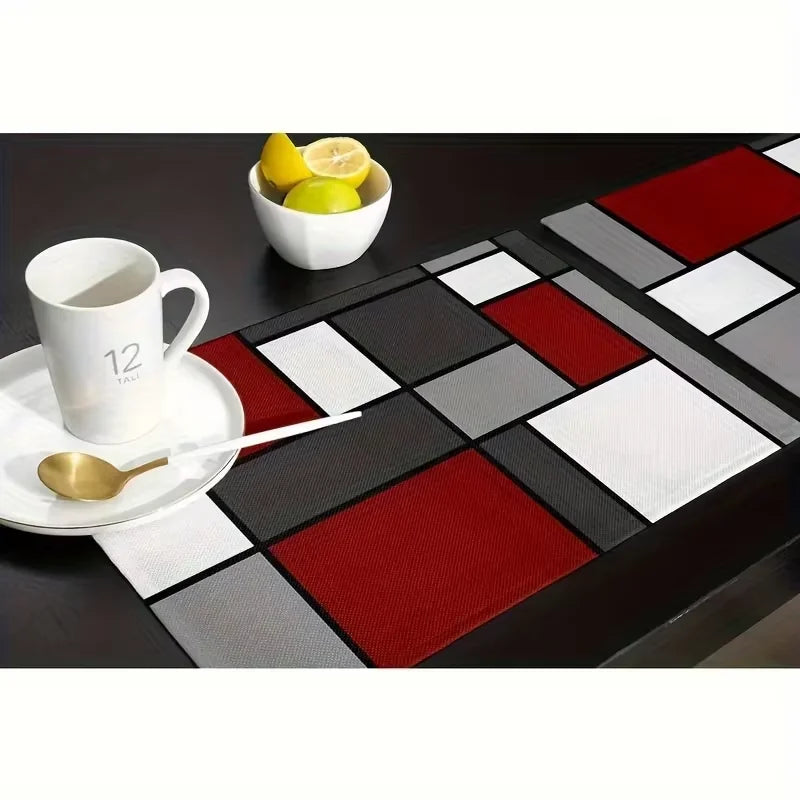 Moderne geometrische Tischsets aus Leinen in Rot Weiß Grau für Küche und Restaurant
