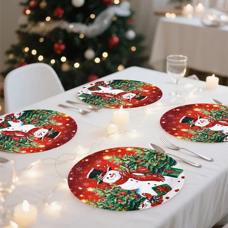 4er Set Weihnachts Tischsets Rund – Elch Santa Leinen Untersetzer