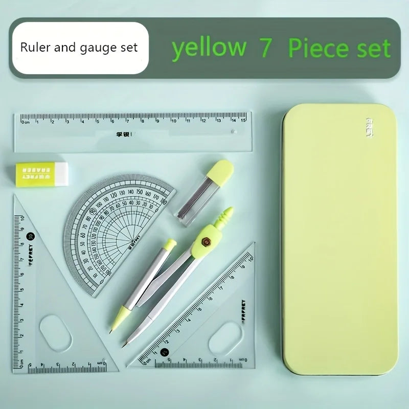 Schüler Geometrie Set 7-teilig: Kompass, Lineale, Winkelmesser für Prüfung
