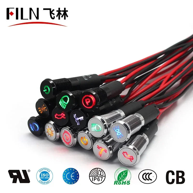 Vielseitige LED-Kontrollleuchte 12-24V Metall, 5 Farben, 8-16mm Einbau