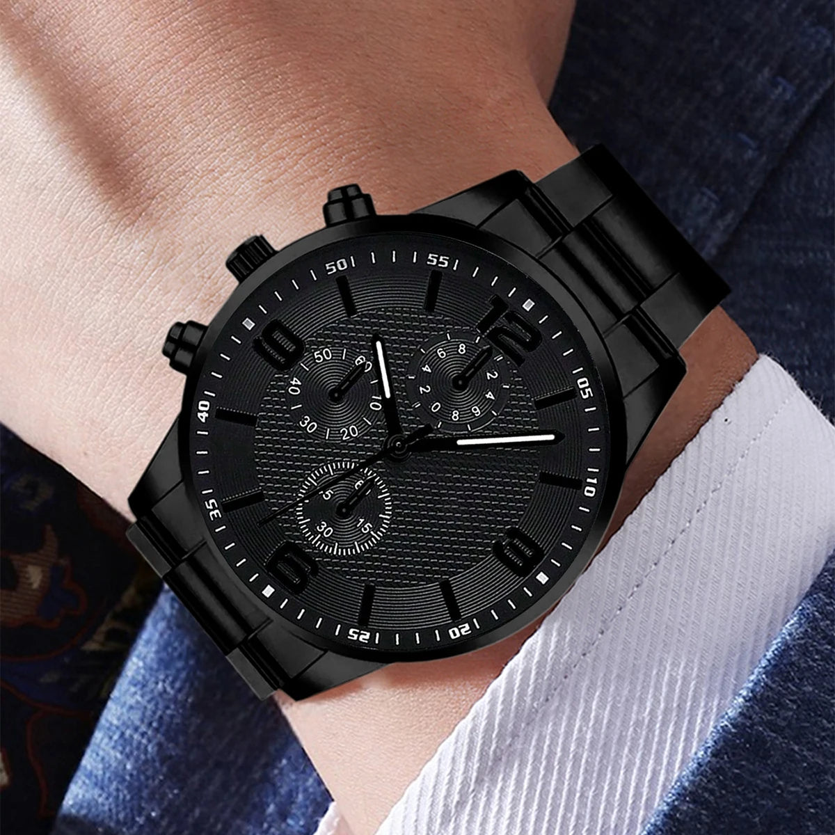 Herren Quarz Uhren Set Schwarz Dreifach-Anzeige Modisch