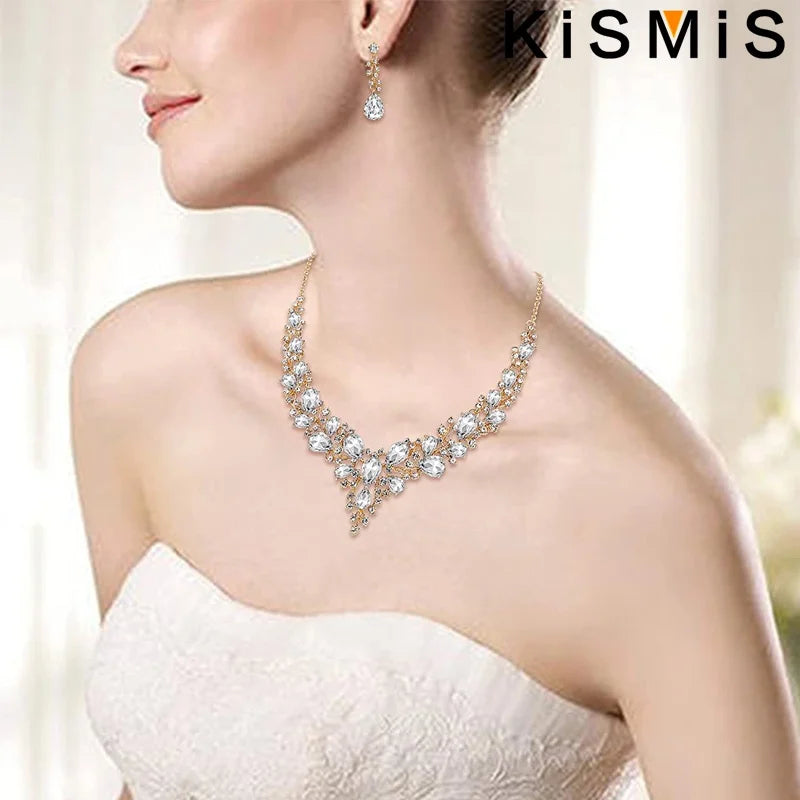 Elegantes Braut Schmuckset mit Kristall Strass Halskette und Ohrringen Tropfenform-Yabubest - Home & More