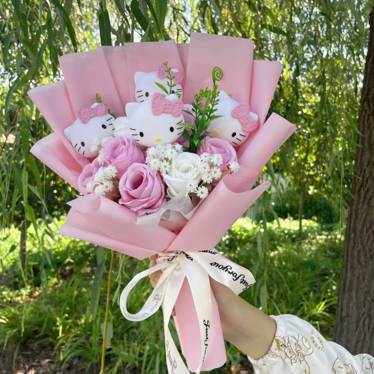 Kawaii Katzenpuppen mit künstlichen Blumen, kreativer Blumenstrauß 30-35cm-Yabubest - Home & More