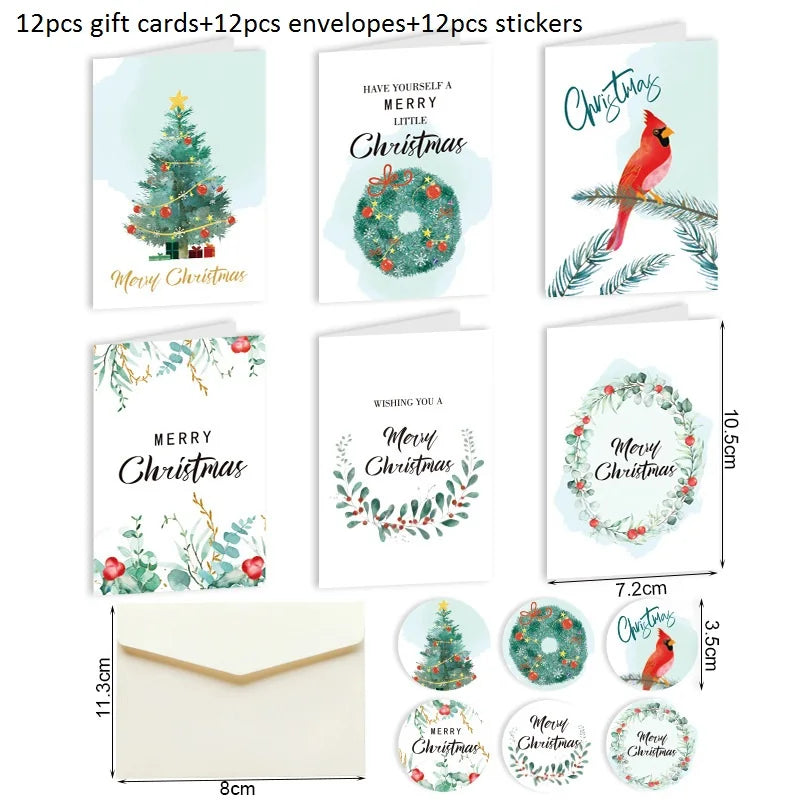 12er Set Weihnachts Grußkarten mit Umschlägen und Stickern